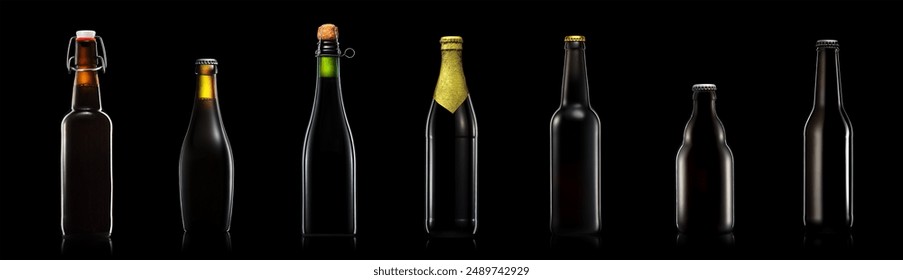 Set of bottle of beer or cider with clipping path isolated on black gradient background - Powered by Shutterstock