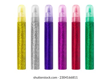 set bottle of colored gel glue for decoration. Stick of colored gel with sparkles isolated from background. - Shutterstock ID 2304166811