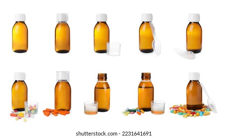 Set with bottles of cough syrup and pills on white background