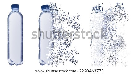 Set with bottles of water vanishing on white background. Decomposition of plastic pollution, banner design
