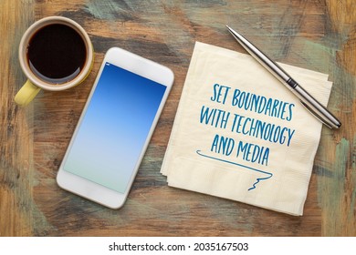 Set Boundaries With Technology And Media - Handwriting On Napkin With Coffee And Phone, Lifestyle, Self Care, Digital Minimalism And Personal Development Concept