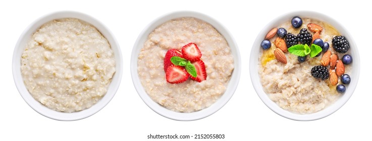Set of bowl of oats porridge isolated on white background. Top view.
