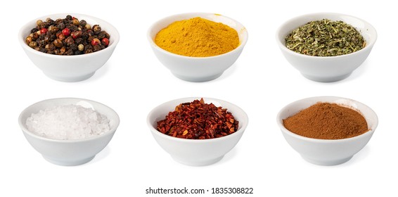 Set Of Bowl With Spices On White Background