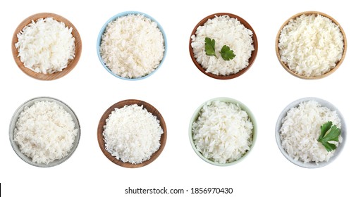 Set Of Bowls With Cooked Rice Isolated On White, Top View. Banner Design