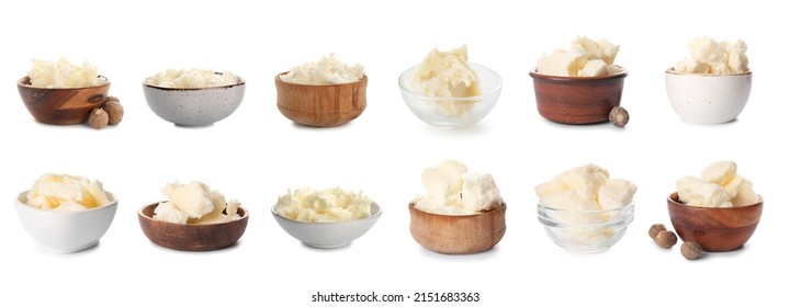 Set Of Bowls With Shea Butter Isolated On White  