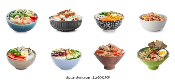 Set of bowls with tasty Chinese food on white background - Shutterstock ID 2163041909