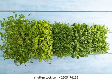 Set of boxes with microgreen sprouts of spinach, carrot, chrysanthemum, borage,  mizuna cabbage on blue wooden background. Top view, flat lay, copy space. - Shutterstock ID 2205476183