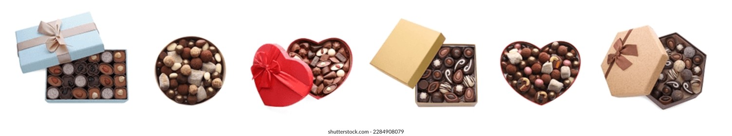 Set of boxes with tasty different chocolate candies on white background, top view
