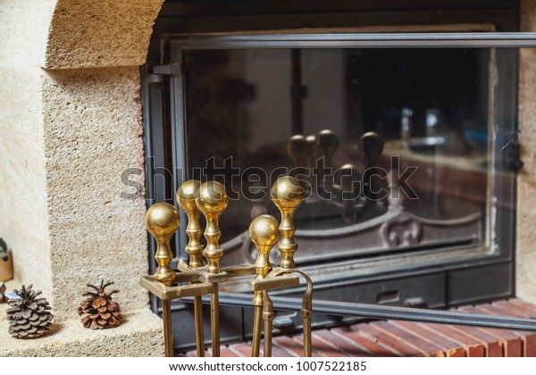 Set Brass Tools Cleaning Fireplace Front Stock Photo Edit Now