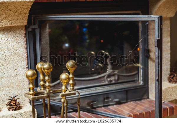 Set Brass Tools Cleaning Fireplace Front Stock Photo Edit Now