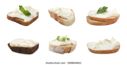 Set Of Bread With Cream Cheese On White Background. Banner Design 