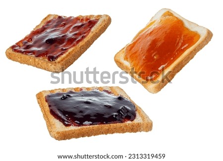 set of bread toasts with different types of jam isolated on white background