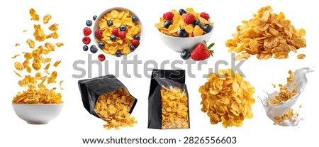 Set of breakfast corn flakes cornflake, golden yellow cereal snack mix, resealable plastic bag, with berries fruit, wooden spoon, stack pile cluster, isolated cutout mockup