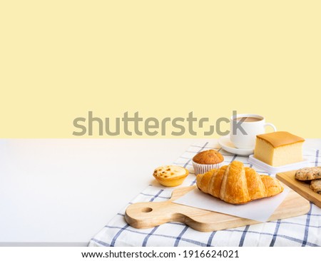 Set of breakfast food or bakery,cake on table kitchen with copy space background.cooking and eating with healthy lifestyle.top view