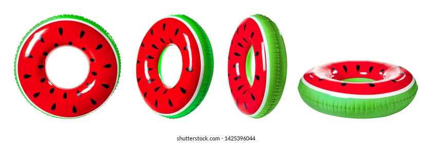 Set of bright inflatable rings on white background 