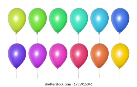 Set Of Bright Multi-colored Balloons Of All Shades, Arranged In Two Rows. Isolated Objects On A White Background. Festive Decoration For A Children's Birthday, Wedding Or Party. Collage Or Banner.