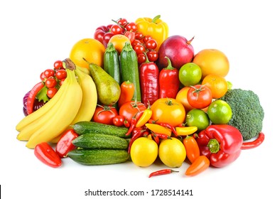 Set bright ripe fruits and vegetables isolated on white background.