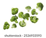 Set of broccoli pieces flying close-up on white background. Isolated