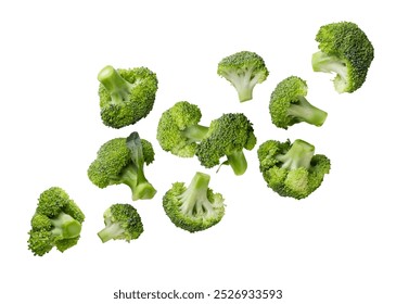 Set of broccoli pieces flying close-up on white background. Isolated