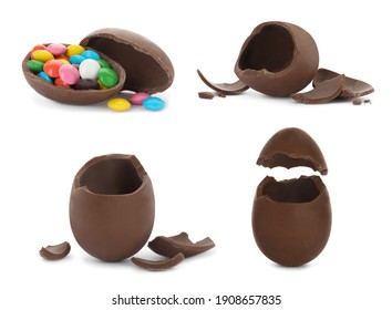 Set With Broken Chocolate Eggs On White Background