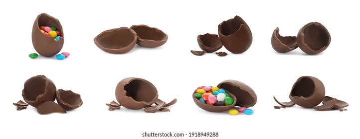 Set with broken chocolate eggs on white background, banner design - Powered by Shutterstock