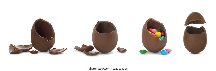 Set with broken chocolate eggs on white background, banner design - Powered by Shutterstock