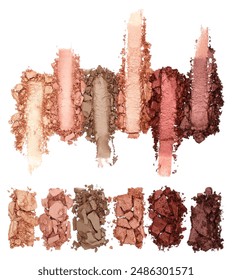 Set of Broken and Smashed Make-Up Eyeshadow Palletes, isolated on a transparent background, top view