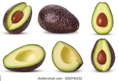 Set brown mature avocado whole, three quarters with bone, cut in half, slice isolated on white background. Clipping Path. Full depth of field. - Shutterstock ID 1033745152