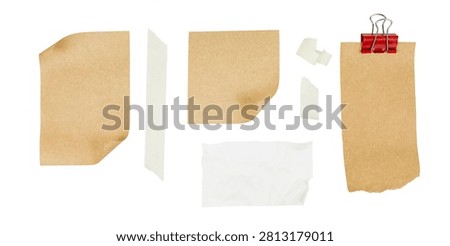 set of brown paper post-it notes with blank name tags and ripped stripes of tape isolated on white