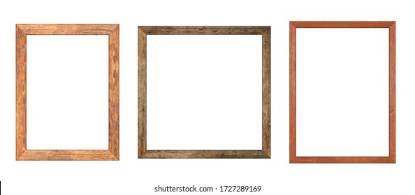 Set Of Brown Wood Frame Or Photo Frame Isolated On White Background. Object With Clipping Path