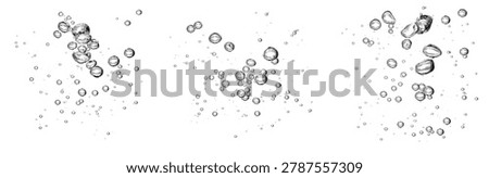 set bubbles rising to the water's surface isolated on a white background. drop air in water flowing up, underwater, clear liquid. water bubble white oxygen air