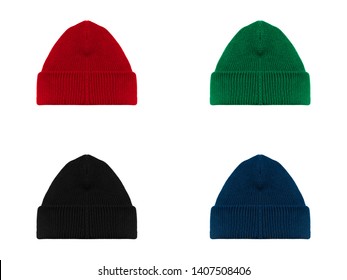 Set bundle pack beanie with red, green, black, blue color. set of beanie hat in four colors isolated on white background ready for your mock up logo design.