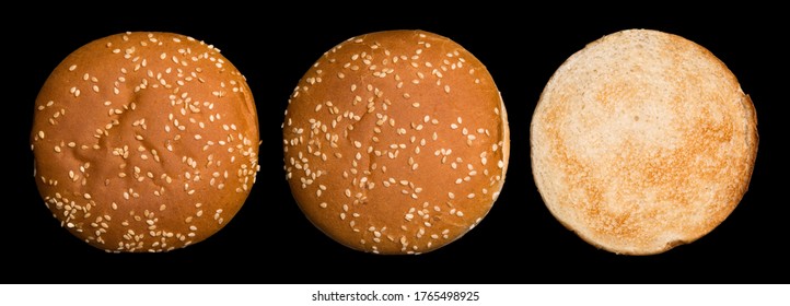 Set Of Burger Bun Isolated On Black Background. View From Above