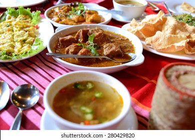 Set Of Burmese Food On Table At Myanmar Restaurant 