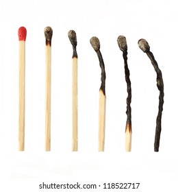 Set of burnt match at different stages isolated on white background