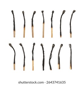 Set of burnt matches isolated on white