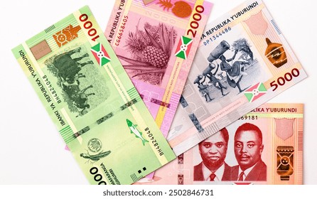 Set of Burundi Francs notes of different value background, Burundi Francs money exchange rate, economic, growth, inflation concept.