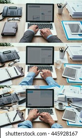 Set Of Business Desktops And Workspace Types, From Clean And Organized To Cluttered And Messy, Productivity And Deadlines Concept, Point Of View Shot