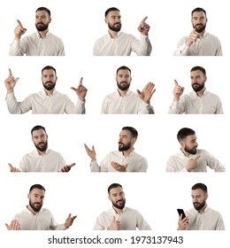 Set Of Business Man Headshots Using Many Touch Screen Gestures Then Talking Happy. Portraits Isolated On White Background.