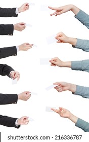 set of businessman hands with visiting cards isolated on white background