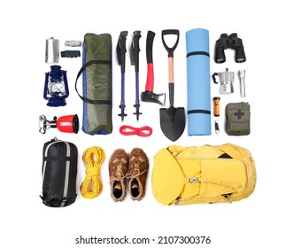 Set of camping equipment on white background, top view. Packing for trip - Powered by Shutterstock