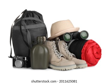 Set of camping equipment for tourist on white background - Shutterstock ID 2011625081