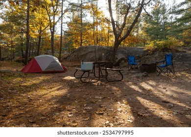 Set up campsite with a tent, camping chars, picnic table, and firepit in the fall forest. Early morning, sun low over horizon. Killbear Provincial Park, Ontario, Canada. - Powered by Shutterstock