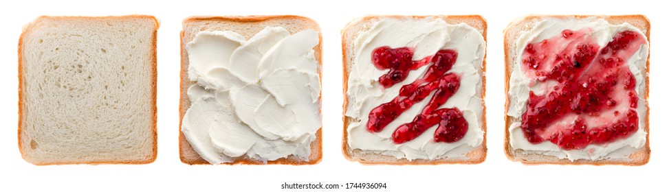 Set Canape With Cottage Cheese And Jam, Sandwich Collection With Cream Cheese, Jam Isolated