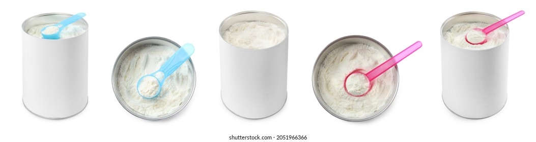 Set With Cans Of Powdered Infant Formula With Scoops On White Background, Banner Design. Baby Milk