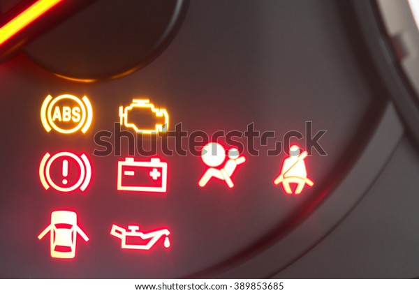 Set of car\
dash boards engine meter, warning symbol, on black background,\
Concept warning check the\
engine