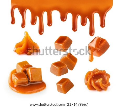 Set of caramel cubes, caramel drops and caramel sauce. Dripping caramel drops of sweet sauce isolated on white background