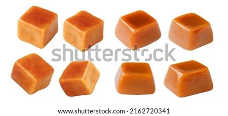 Set of caramel cubes isolated. Caramel candies on white.