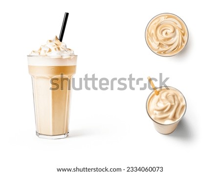 Set of caramel milkshakes top view and side view isolated on white background, 3D illustration

