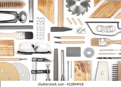 set of carpentry tools on white background. carpenter working table. carpentry and woodwork industry flat lay concept top view - Shutterstock ID 412894918